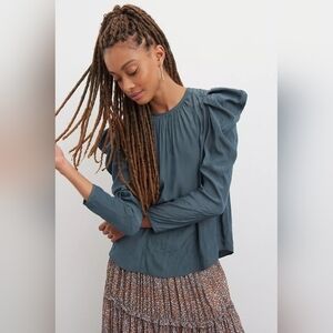 Anthropologie Current Air Maelle Puff Sleeve Shirt Blue Green Size XS Peasant